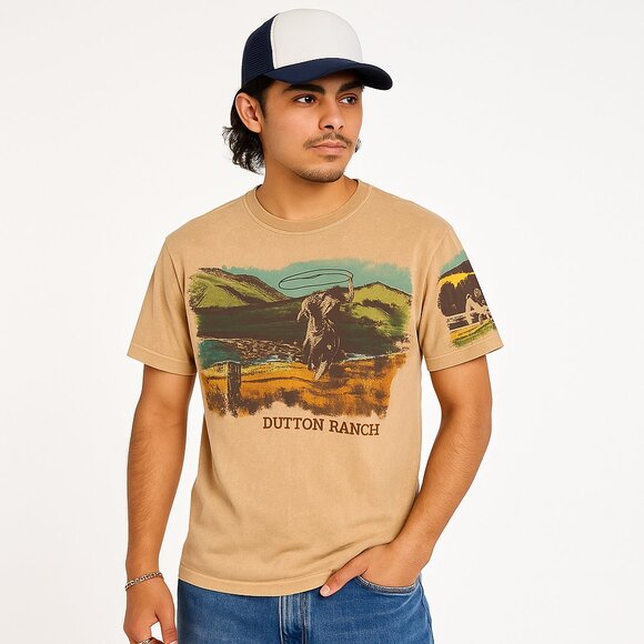 🌵 Yellowstone “Dutton Ranch” Graphic Tee, Vintage Wash (M) Sand/Tan,  Western - Picture 4 of 11